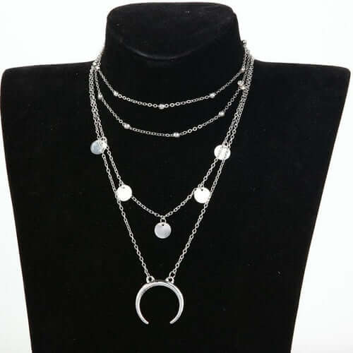 Crescent Horn Moon Layered Necklace featuring four layers and adjustable chain in high-quality zinc alloy.