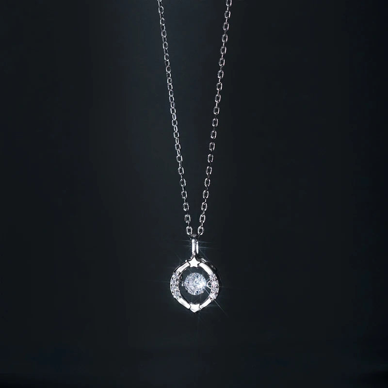 Sterling Silver Single Diamond Round Necklace Sparkling Star Hollow Pendant Collar Chain Wedding Jewelry Gift