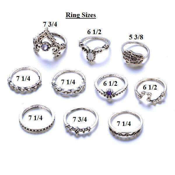 Image showing vintage stackable ring set sizes with high-quality zinc alloy and gemstone details, including measurements.