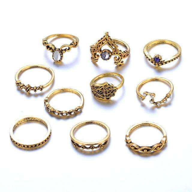 Vintage stackable ring set with 10 high-quality zinc alloy and gemstone rings in various styles and sizes.